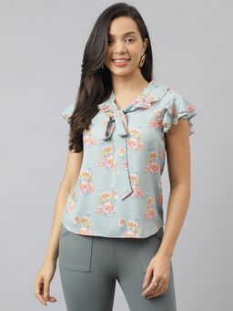 Latin Quarters - Women Blue Floral Printed V Neck with Cap Sleeve Top