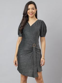 Latin Quarters - Women Grey V Neck with Half Sleeve Wrap Dress