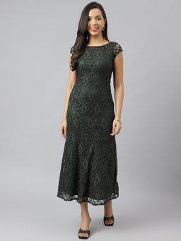 Latin Quarters - Women Green Round Neck with Short Sleeve Lace Drop Waist Party Dress