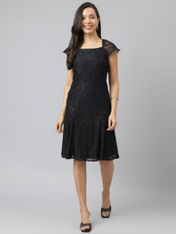 Latin Quarters - Women Black Square Neck with Cap Sleeve Lace A Line Dress