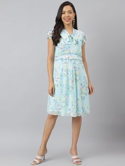 Latin Quarters - Women Blue Floral Printed Cap Sleeve with Tie Up Neck A Line Dress