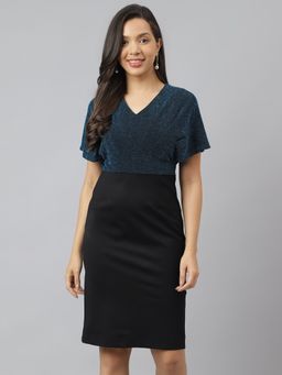 Latin Quarters - Women Teal Half Sleeve with V Neck Embellished Bodycon Dress