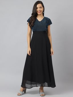 Latin Quarters - Women Teal V Neck with Cap Sleeve Embellished Maxi Dress