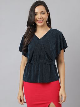 Latin Quarters - Women Teal V Neck with Flare Sleeve Embellished Wrap Top