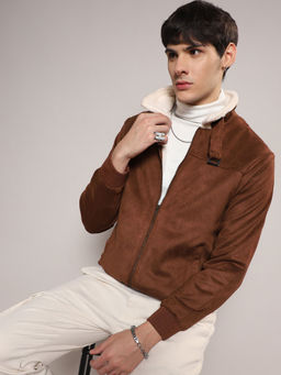 Campus Sutra - Mens Brown Zip-Front Jacket with Fleece Detail