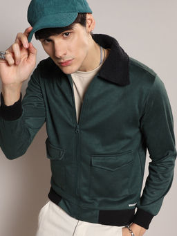 Campus Sutra - Mens Emerald Green Zip-Front Jacket with Fleece Collar