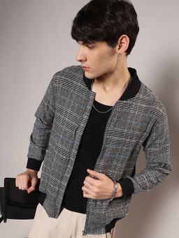 Campus Sutra - Mens Black Tartan Plaid Jacket with Ribbed Hem