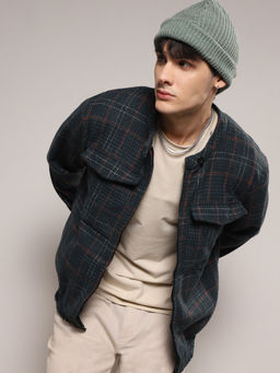 Campus Sutra - Mens Forest Green Tartan Plaid Jacket with Flap Pockets