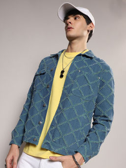 Campus Sutra - Mens Blue Criss-Cross Denim Jacket