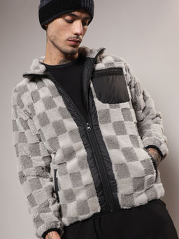 Campus Sutra - Mens Moon Grey Fleece Buffalo Check Puffer Jacket