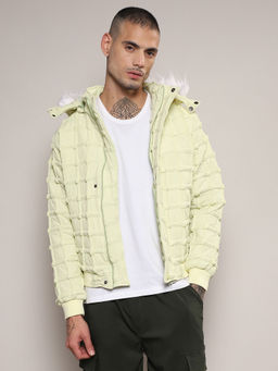 Campus Sutra - Mens Pale Yellow Self-Design Puffer Hoodie