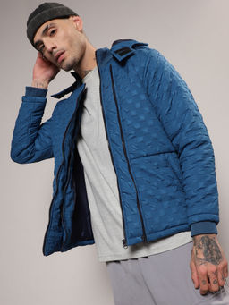 Campus Sutra - Mens Admiral Blue Self-Design Buffalo Check Puffer Hoodie