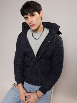 Campus Sutra - Mens Navy Blue Self-Design Diamond Puffer Hoodie with Fleece Hood