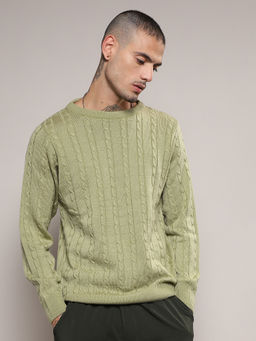 Campus Sutra - Mens Green Contrast Textured Knit Sweater