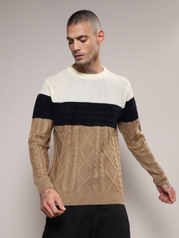 CAHOOT - Mens Pistachio Green Self-Design Striped Sweater