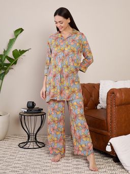 July Nightwear - Women Blue Cotton Long Kurti with Pant - (Set of 2)