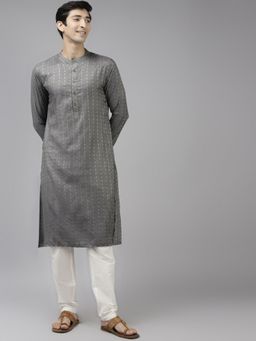 See Designs - Men Grey & Beige Woven Design Thread Work Kurta with Pyjama (Set of 2)