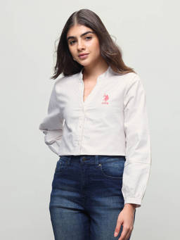 U.S. POLO ASSN. - Women Beige Stripes Cotton Shirt
