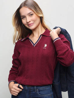 U.S. POLO ASSN. - Women Red Textured Cotton Sweater