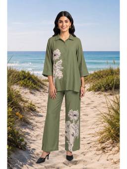 W - Green Floral Viscose Shirt with Pant