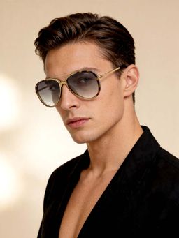 IDEE - Green Gradient Lens Pilot Sunglass Crystal Olive Shiny Brown Light Gold Frame (58)