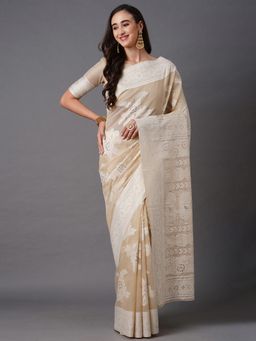 Akhilam - Cream Festive Silk Blend Woven Design Saree with Unstitched