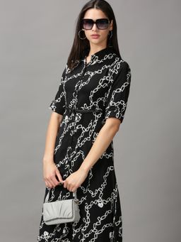 SHOWOFF - Womens Shirt Collar Knee Length Black Printed Dress
