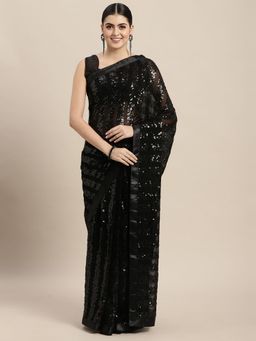 VAIRAGEE - Designer Black Toned Striped Sequined Pure Georgette Saree with Unstitched Blouse