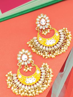 Yellow Chimes - Gold Toned Yellow Meenakari Handcrafted Floral Shape Chaandbali Earrings