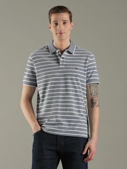 Tommy Hilfiger - Men Grey Striped Regular Fit Cotton Polo T-Shirt