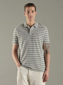 Tommy Hilfiger - Men Grey Striped Regular Fit Cotton Polo T-Shirt