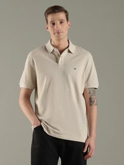 Tommy Hilfiger - Men Beige Solid Regular Fit Cotton Polo T-Shirt
