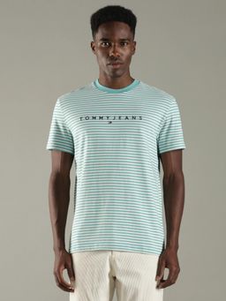 Tommy Hilfiger - Men Green Striped Regular Fit Cotton T-Shirt