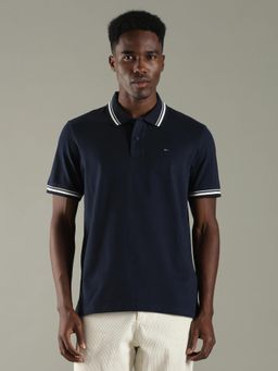 Tommy Hilfiger - Men Navy Blue Solid Regular Fit Cotton Polo T-Shirt