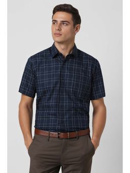 Van Heusen - Men Navy Regular Fit Check Half Sleeves Formal Shirt
