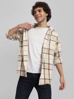 American Eagle - Men White Hooded Flannel Shirt