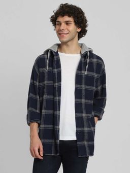 American Eagle - Men Blue Hooded Flannel Shirt