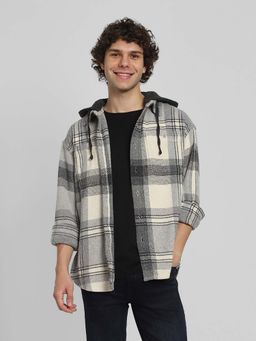 American Eagle - Men Grey Hooded Flannel Shirt