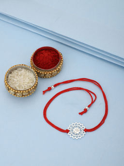 Carlton London - 925 Sterling Silver Om in Floral Shaped with Red Thread Rakhi