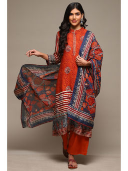 Biba - Womens Rust Printed Rayon Straight Suit (Set of 3)