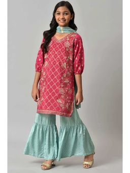 Aurelia - Pink Printed Festive Kurta With Blue Sharara And Dupatta (Set of 3)