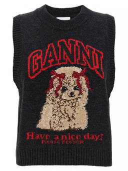 Ganni - Black Graphic Crew Neck Sweater