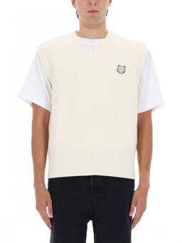 Maison Kitsune - Beige Knitted V Neck Sweater