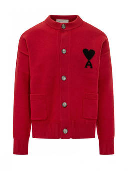AMI Paris - Red Logo Crew Neck Cardigan