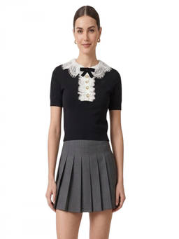 self-portrait - Black Lace V Neck Sweater (S)