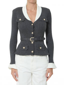 self-portrait - Grey Shawl Neck Belted Cardigan