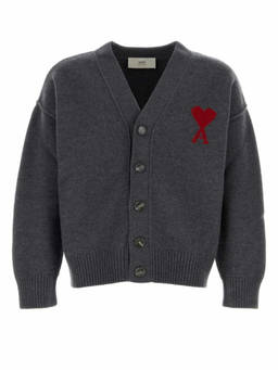 AMI Paris - Grey V-Neck Logo Cardigan