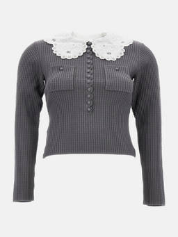 self-portrait - Grey Contrasting-Collar Top