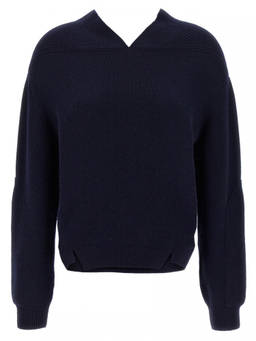Victoria Beckham - Navy Blue V-Neck Yoke Detail Sweater