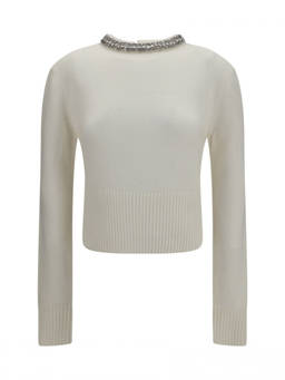 Pinko - White Embellished Round Neck Sweater